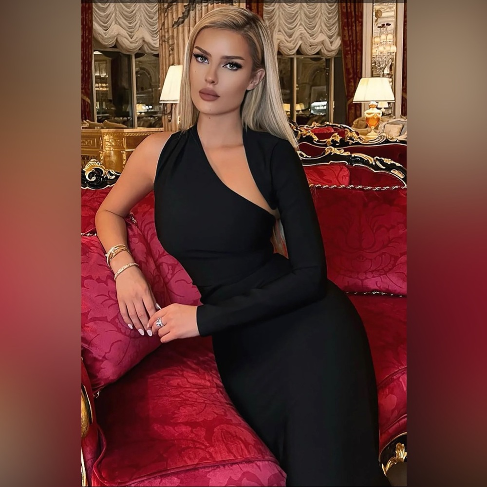 Black One Shoulder Long Sleeve Bandage Midi Dress